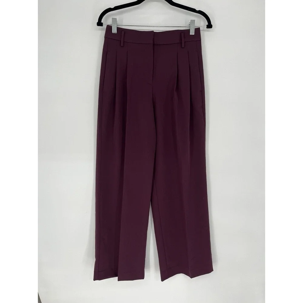 NWT Ann Taylor  Womens  0 Petite Plum High Rise Pleated Wide Leg Trousers Career